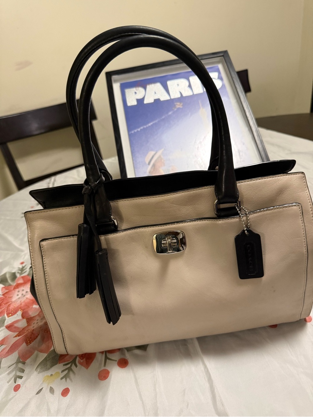 Coach Two-Tone Leather Tote in Cream and Black - Picture 1 of 11